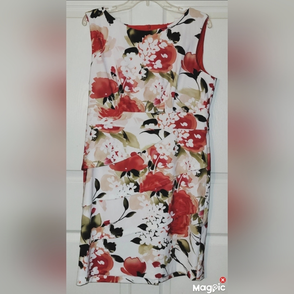 dressbarn White Floral Midi Dress with Red and Green Accents